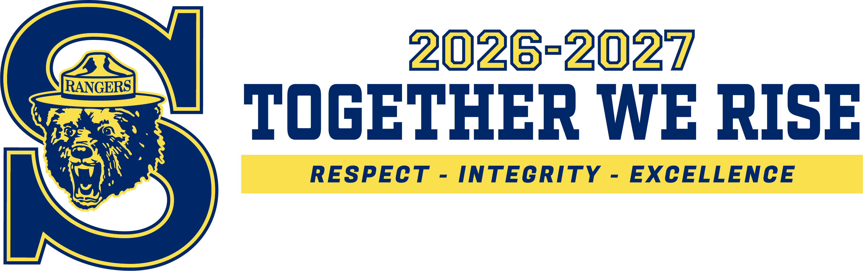 A logo for the 2026-2027 school year featuring a blue letter S with a bear mascot, text, and the core values RESPECT - INTEGRITY - EXCELLENCE.